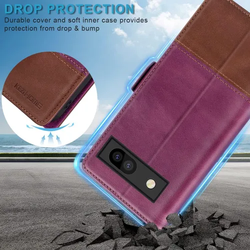 Vista 7 de KEZiHOME Funda para Google Pixel 7A, funda tipo cartera de piel auténtica con tarjetero [bloqueo RFID] Funda protectora resistente con función atril