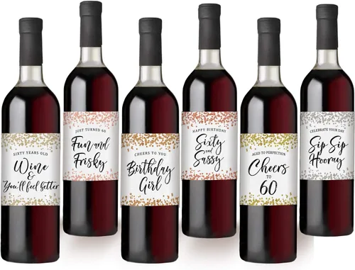 Vista 6 de Printed Party Etiquetas para botellas de vino de cumpleaños número 60, confeti, juego de 6
