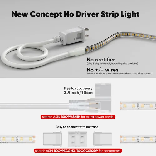 Vista 3 de Shine Decor Tira de luz LED súper brillante de 4000LM, Plug & Play de 120V sin controlador, cableado fácil, sin parpadeo, resistente a la intemperie