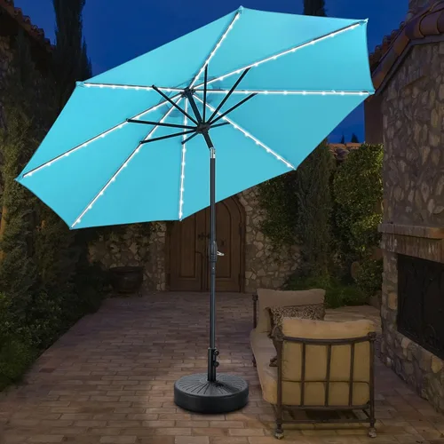 Vista 18 de Sombrilla solar de patio de 10 pies con base, 32 luces LED, sombrilla de mercado al aire libre con botón de inclinación y grietas para jardín Azul