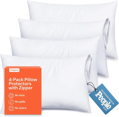 Vista 20 de Juego de 4 fundas de almohada ultrasuaves con cremallera tamaño Queen, 100% protección contra manchas, polvo y suciedad, lavables a máquina (beige)