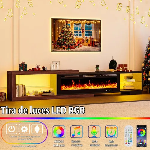 Vista 2 de Soporte de TV extensible con chimenea eléctrica de 71 a 116 pulgadas, moderno centro de entretenimiento con luces LED y toma de corriente para TV