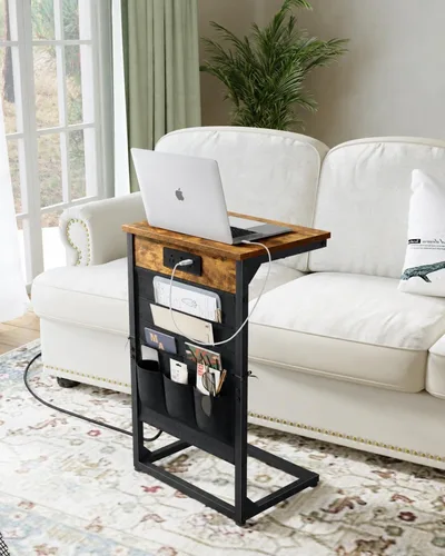 Vista 12 de Mesa auxiliar en forma de C con estación de carga rápida, mesa lateral pequeña para sofá con bolsa de almacenamiento, bandeja de TV para sofá