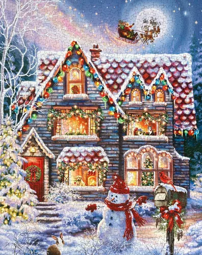Vista 7 de El rompecabezas de 1000 piezas Navidad en la cabaña de la víspera de Navidad de Springbok es una imagen clásica de una acogedora cabaña navideña