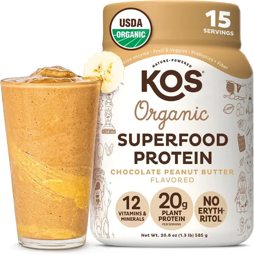 Vista 18 de KOS Proteína en polvo a base de plantas, muffin de arándano - Superalimento de proteína de guisantes orgánico con mezcla de espirulina y apoyo