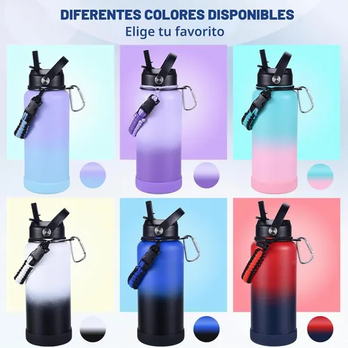 Vista 6 de Botella de Agua Aislada, botellas de agua de boca ancha de acero inoxidable de 32 onzas con 2 tapas a prueba de fugas y mango de paracord, botella