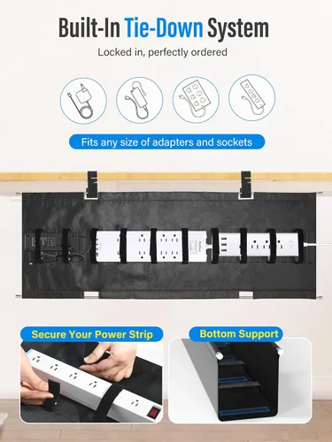Vista 2 de Cinati - Bandeja grande de organización de cables para debajo del escritorio, organizador de cables para debajo del escritorio, sin taladros, Negro