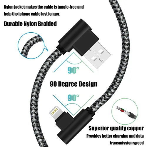 Vista 2 de Cargador para iPhone de 1 pie, certificado MFi, cable Lightning trenzado, cable de carga de codo de 90 grados, compatible con iPhone 14 13 12 11 Pro