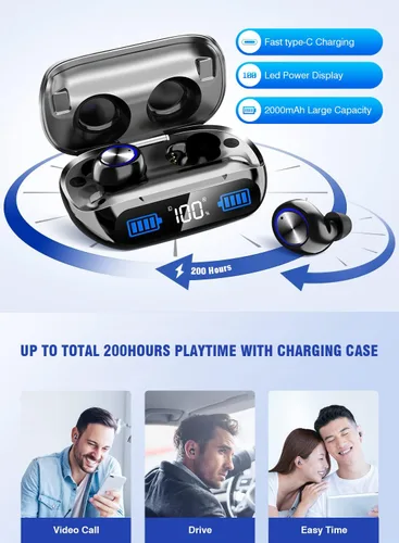 Vista 6 de Auriculares inalámbricos de 200 horas de reproducción Bluetooth, IPX7 impermeable, con cancelación de ruido, pantalla LED de alimentación con funda