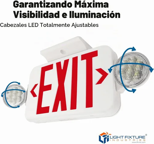Vista 6 de LFI Lights® - Señal de salida roja combinada con luces de emergencia Carcasa blanca Todos los LED Dos cabezales redondos ajustables cableado