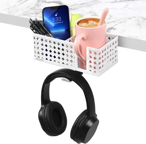 Vista 7 de Soporte para tazas de escritorio, gancho con clip, soporte para bolígrafo, organizador de escritorio, soporte para lápices, soporte para teléfono