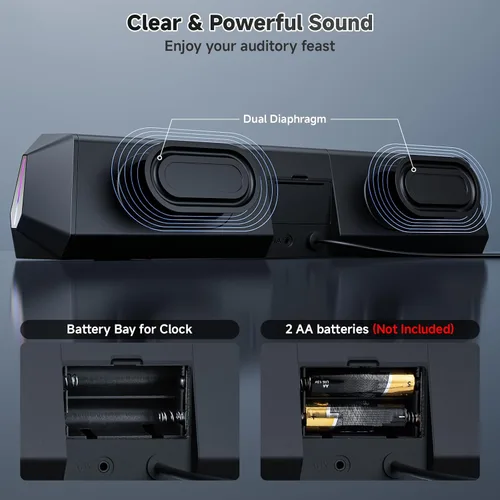 Vista 7 de SOULION R80 Altavoces de computadora Bluetooth, USB Plug & Play Altavoces de PC con pantalla de reloj digital, barra de sonido transparente