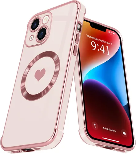 Vista 24 de Funda magnética para iPhone 13, para mujeres y niñas, chapado de lujo, lindo corazón de amor, cubierta trasera suave, protección completa de lente