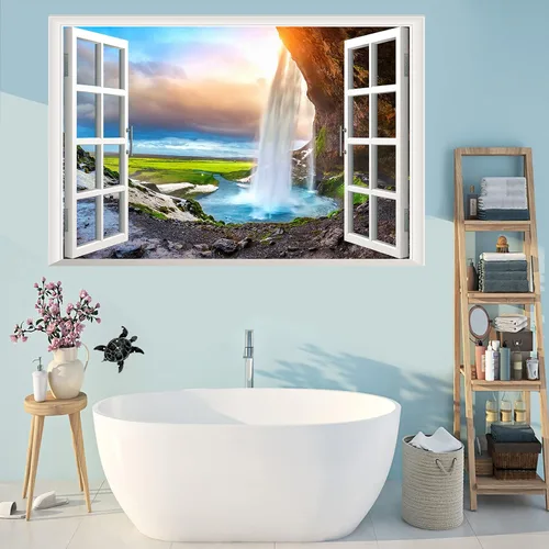 Vista 7 de Calcomanías de pared falsas 3D de cascada de bosque, mural de montaña natural, calcomanías de pared para sala de estar, dormitorio, comedor