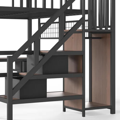 Vista 7 de MERITLINE Cama loft para juegos de tamaño matrimonial con escritorio y Negro