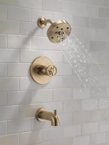 Vista 2 de Delta Faucet Trinsic Serie 14 Juego de grifo de ducha dorado con cabezal de ducha H2Okinetic, kit de accesorios de ducha dorados, juego de grifo