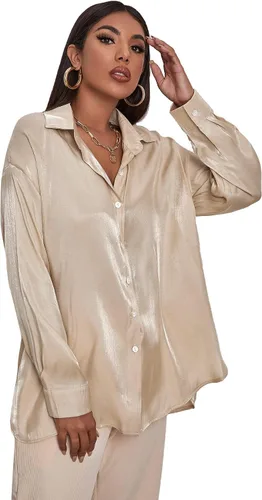 Vista 4 de MakeMeChic Blusa de manga larga con botones de seda satinada de gran tamaño para mujer