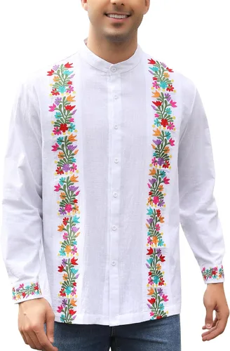 Vista 9 de Camisas mexicanas para hombre, camisa de manga larga bordada con botones y cuello mandarín