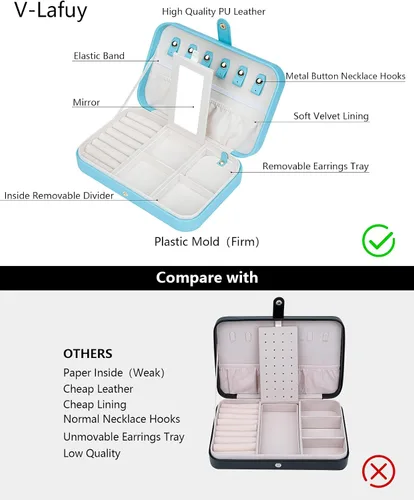 Vista 3 de V-LAFUY Joyero de viaje pequeño con espejo, caja de joyería portátil de viaje para mujeres y niñas, estuche de joyería para viajes, azul N