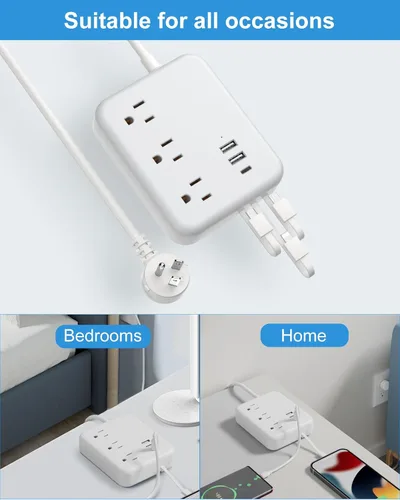 Vista 6 de Regleta de alimentación de viaje con puertos USB, 3 cables integrados, cable de extensión de enchufe plano, 3 tomacorrientes, 6 USB con cable