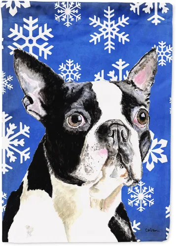 Vista 180 de Caroline's Treasures SC9374GF Bulldog English Snow flakes Holiday Garden Flag Buzón Bandera decorativa para patio exterior, patio, obras de arte