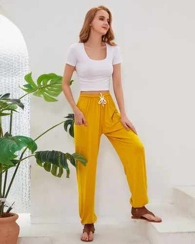 Vista 9 de QIANXIZHAN Pantalones de harén para mujer, pantalones hippie palazzo, pantalones bohemios, ropa de yoga con bolsillos