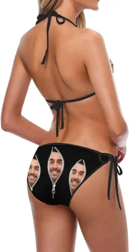 Vista 4 de Conjuntos de bikini personalizados para mujer, traje de baño triangular halter con cara, traje de baño sexy personalizado con lazo lateral