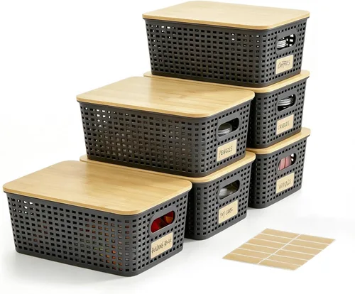 Vista 12 de Contenedores pequeños de plástico con tapas de bambú de 5.2 cuartos de galón, cesta apilable para despensa, contenedores decorativos lindos