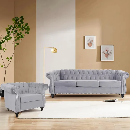 Vista 25 de QHITTY Juego de 2 piezas para sala de estar, Sofá Seccional Chesterfield Silla Contemporáneo Tapizado de Terciopelo Loveseat Juego de Sofás