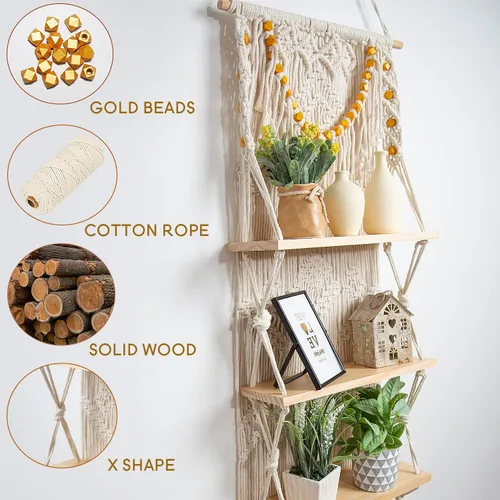 Vista 4 de jontell Estante colgante de pared de macramé, estantes de macramé hechos a mano, estante flotante bohemio decorativo para plantas, estante