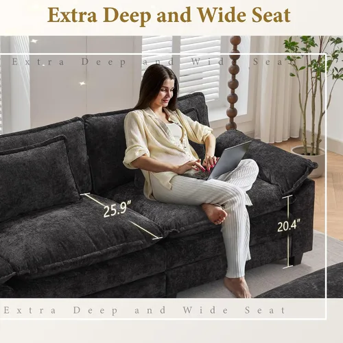 Vista 6 de URRED - Sofá seccional modular tipo nube, cómodo sofá cama de chenilla moderna con asientos profundos y otomán/almohadas para sala de estar