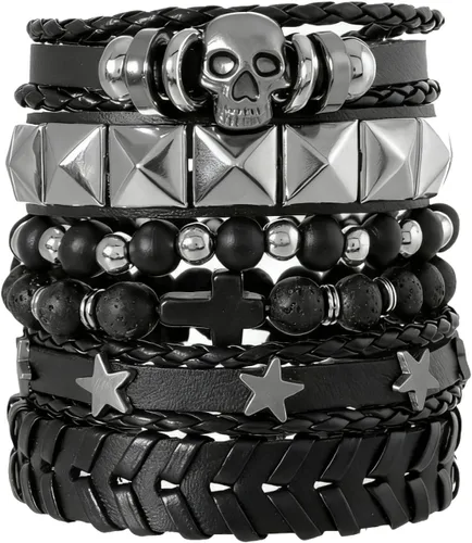 Vista 9 de MILAKOO Juego de pulseras punk de piel sintética para mujeres y hombres, remaches tachonados, calavera y estrella, pulseras para accesorios