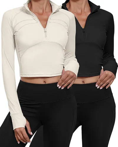 Vista 2 de Neer Paquete de 2 chaquetas de manga larga para mujer, con cremallera de 12, ombligueras de yoga, ajustadas, para correr, con agujeros para el pulgar