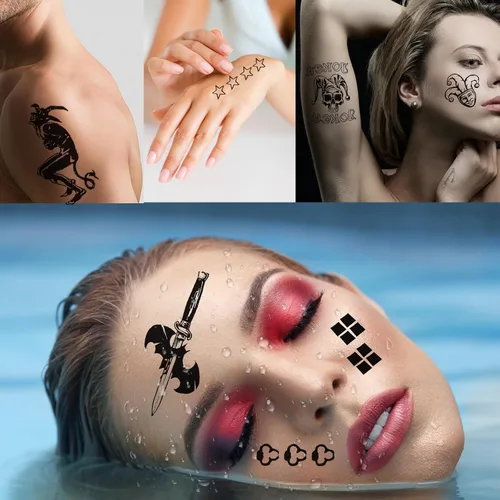 Vista 6 de Tatuajes temporales de Halloween, 4 hojas de tatuajes temporales falsos para hombres y mujeres, perfecto para Halloween, cosplay, disfraces