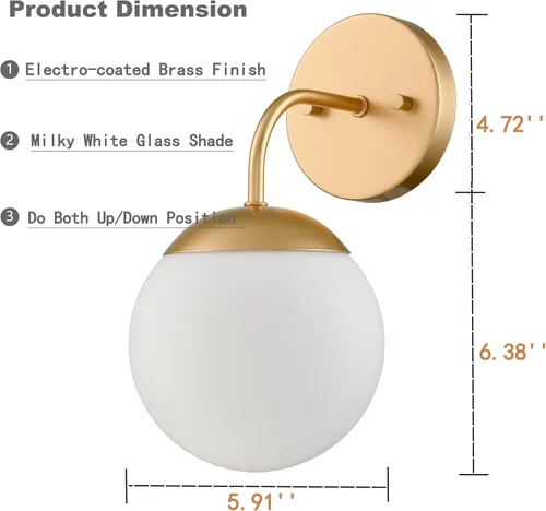 Vista 5 de [Usado] Juego de 2 apliques de pared dorados de estilo nórdico moderno con forma de globo lechoso para tocador de baño