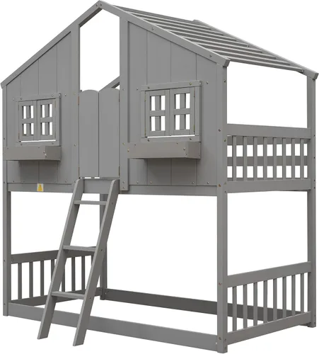 Vista 6 de DEINPPA Litera individual sobre individual con techo, cama de madera con ventanas y caja de ventana, cama de casa de juegos con diseño de puerta