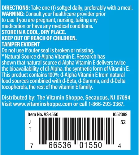 Vista 3 de The Vitamin Shoppe Vitamina E 200IU - Fuente natural, apoya el sistema cardiovascular saludable, la salud inmunológica y la salud ocular - Una vez