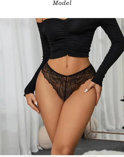 Vista 2 de Tangas de encaje sexy para mujer, en forma de V, ropa interior sin costuras, con hueco, transparente, paquete de 3