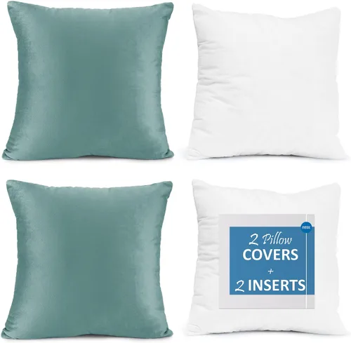 Vista 23 de Nestl Juego de 2 rellenos de almohada con terciopelo suave y sólido, juego de fundas de almohada cuadradas decorativas para sofá, automóvil Azul