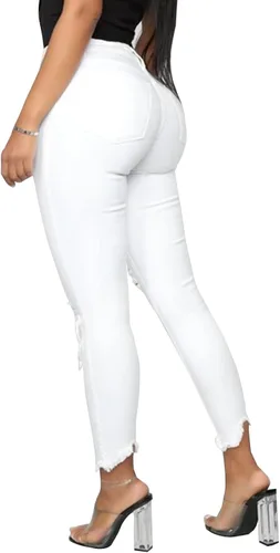 Vista 3 de LONGYIDA Pantalones de mezclilla ajustados rasgados de tiro alto para mujer, elásticos, ajustados, desgastados, desgastados, pantalones de mezclilla
