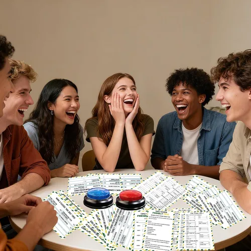 Vista 5 de Juego de Cartas Familiar Amistoso con 2 Timbres de Respuesta, Noche de Juego Familiar Divertido Trivia Quiz para Fiestas de Reuniones Navideñas