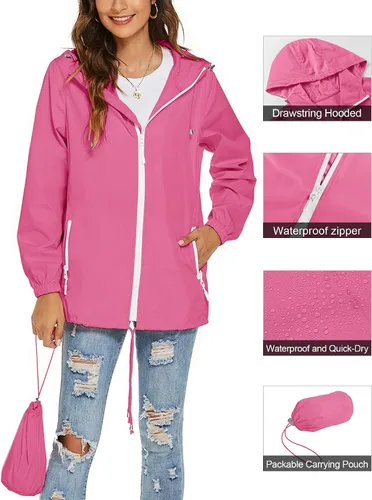 Vista 2 de Avoogue Chaqueta impermeable para mujer, ligera, transpirable, con capucha, rompevientos activos con bolsillo