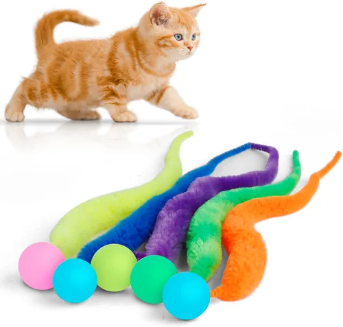 Vista 9 de SHENGSEN Pelota que Rebota con Cola Juguetes para Gatos-5 Paquetes, Gusano Mágico con Juguete de Pelota Grande y Colorida para Gatos, Pelotas que