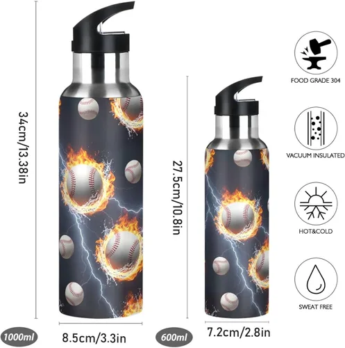 Vista 2 de Insulated Water Bottle 32 Oz, Leakproof Water Bottles for Gym Outdoor Travel School, Baseballs Splashes Water Flames