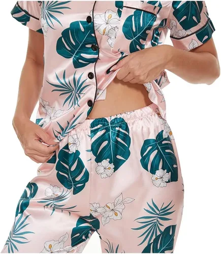Vista 5 de VENTELAN Womens Silk Satin Pajama Sets Short Sleeve Button Down Top and Long Pants 2 Piece Pjs Set Soft Sleepwear