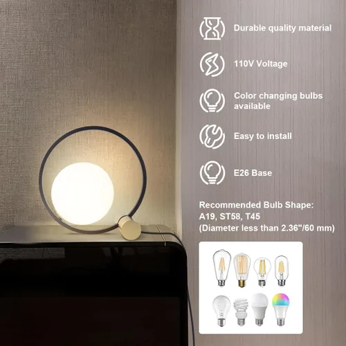Vista 6 de Globe - Lámpara de mesa de noche, moderna lámpara de mesa de noche de cristal de mediados de siglo, lámpara de escritorio dorada para dormitorio, 1