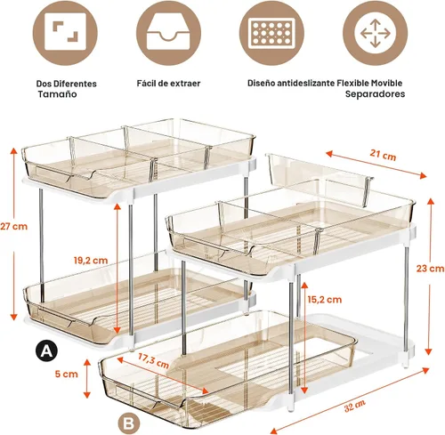 Vista 2 de Delamu Organizadores y Almacenamiento Multiusos de 2 Niveles para Debajo del Fregadero del Baño, Organización Apilable de Despensa de Cocina