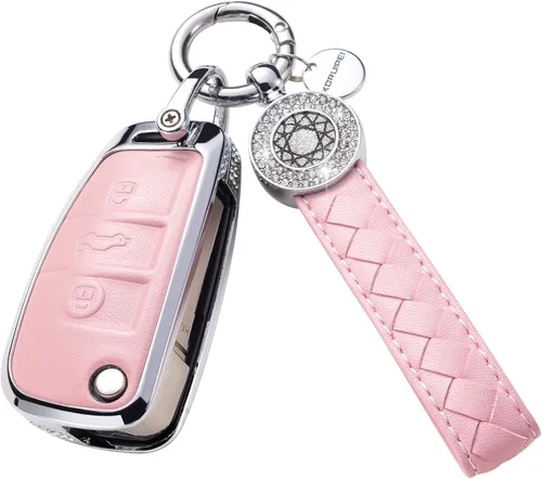 Vista 42 de Funda para llave inteligente con llavero, de piel auténtica color rosa, con cristales, carcasa protectora