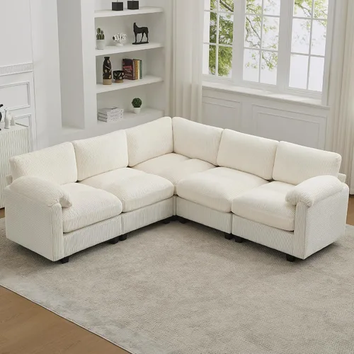 Vista 37 de Sofá modular de 61 pulgadas con otomana, asiento extra profundo para sala de estar, sofá de asiento profundo de pana con almohadas para Beige