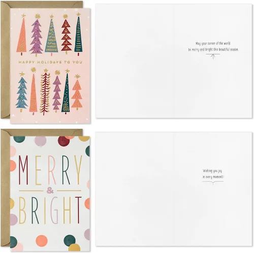 Vista 3 de Hallmark Surtido de tarjetas de Navidad en caja boho (16 tarjetas y sobres) rosa pastel, morado, verde esmeralda, paloma